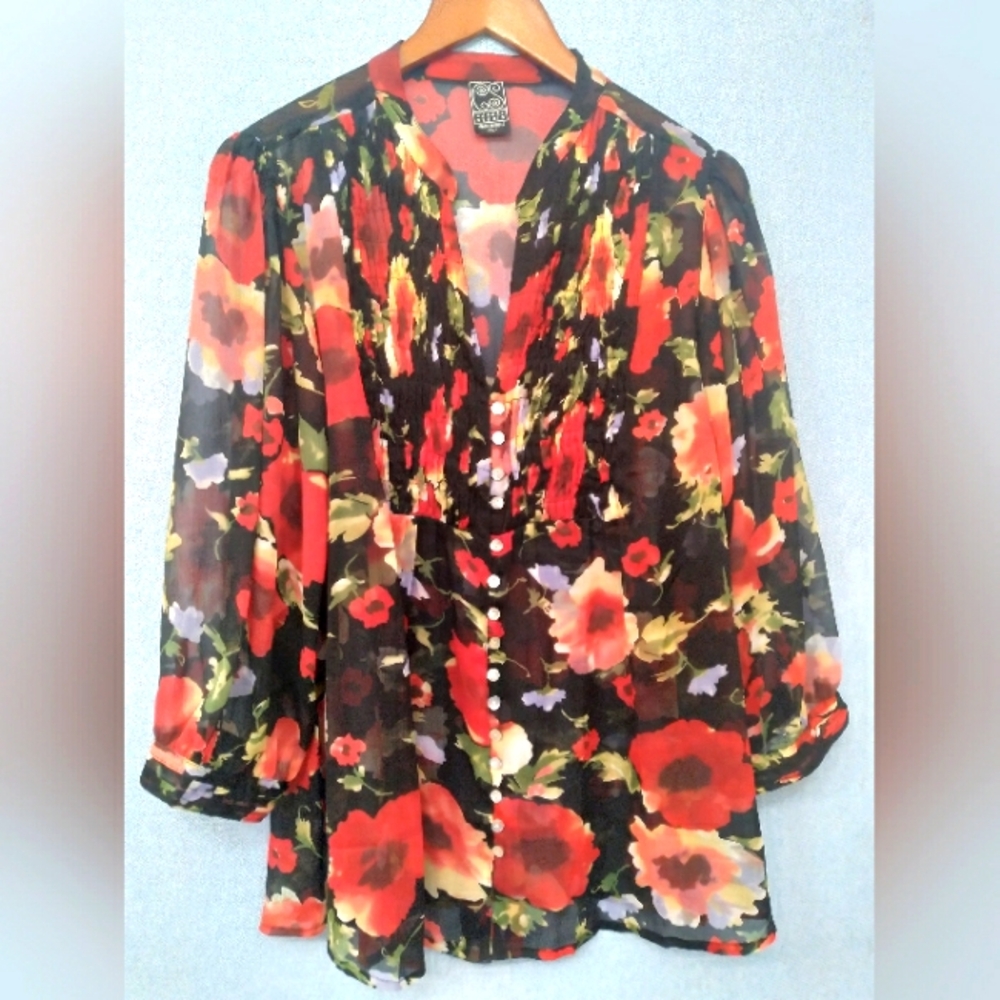 Floral Sheer Blouse Long Sleeve Button Down Top Bohemian Style